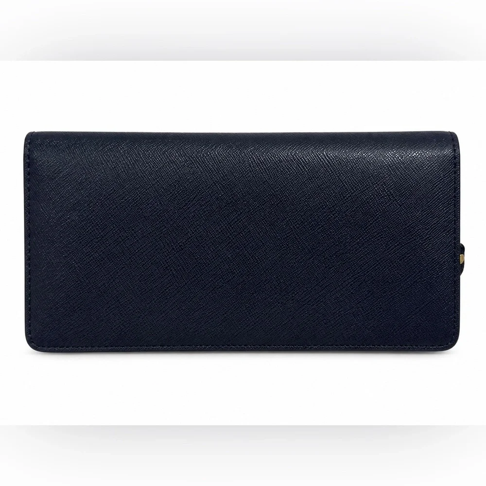 Kate Spade New York Navy Saffiano Leather Slim Wallet Clutch Gold Logo Zip